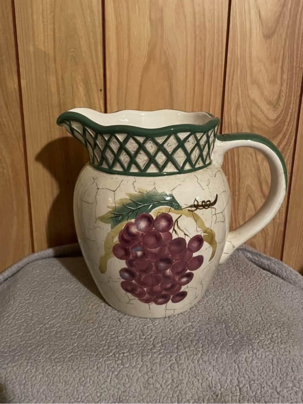 Cream Ceramic Pitcher with Purple Grape Motif and Green Trim